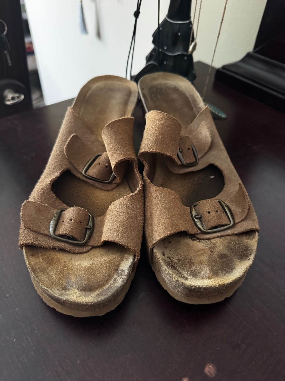 Yokono tan Suede Double-Buckle wedge Slide Sandals